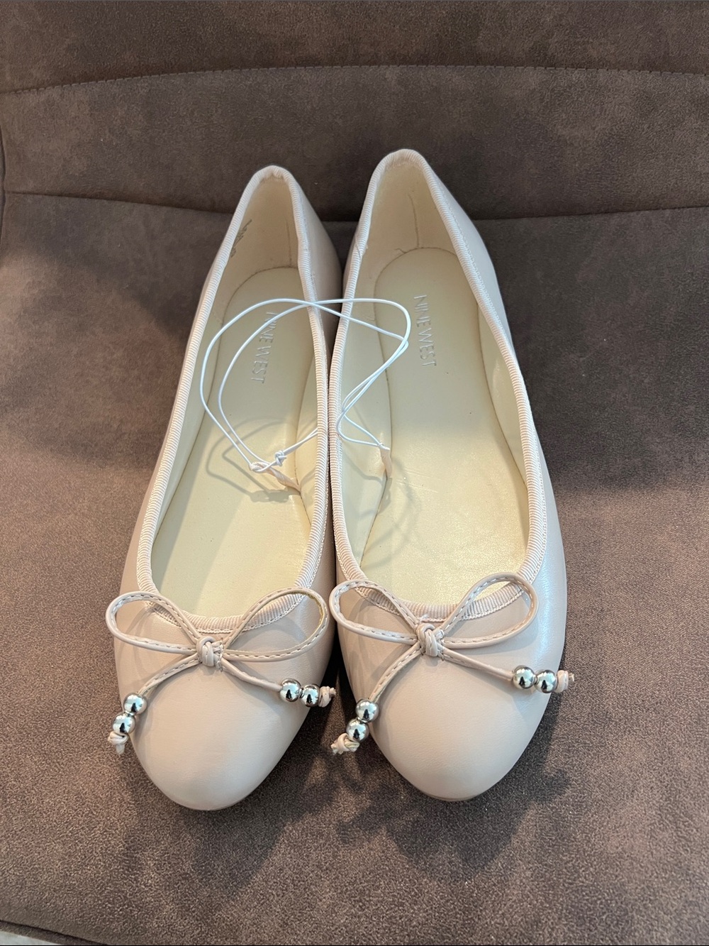 Nine West Light Cream Ballet Flats with Bow and Bead Detail